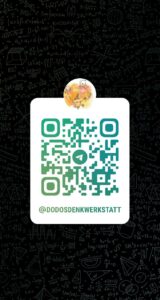 QR-Code zum Scannen, um mit Dodos Denkwerkstatt auf Telegram in Kontakt zu treten. Der Username ist @dodosdenkwerkstatt